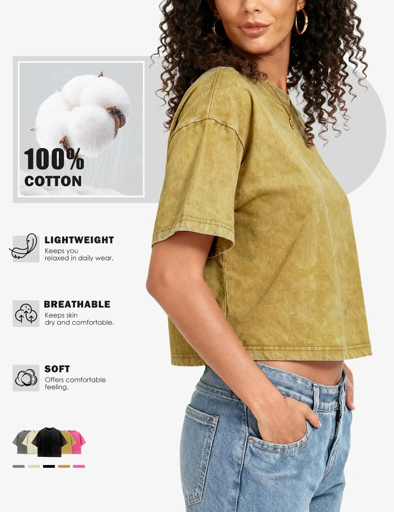 Arssm Cropped T Shirts for Women Vintage Acid Wash Tees Short Sleeve Cotton Crop Top Casual Streetwear