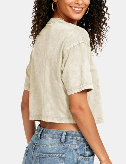 Arssm Cropped T Shirts for Women Vintage Acid Wash Tees Short Sleeve Cotton Crop Top Casual Streetwear