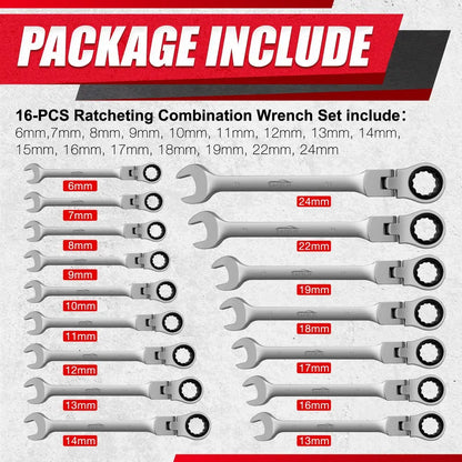 16-Piece Flex-Head Ratcheting Wrench Set | Metric 6-24mm