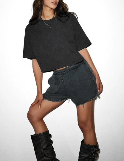 Arssm Cropped T Shirts for Women Vintage Acid Wash Tees Short Sleeve Cotton Crop Top Casual Streetwear