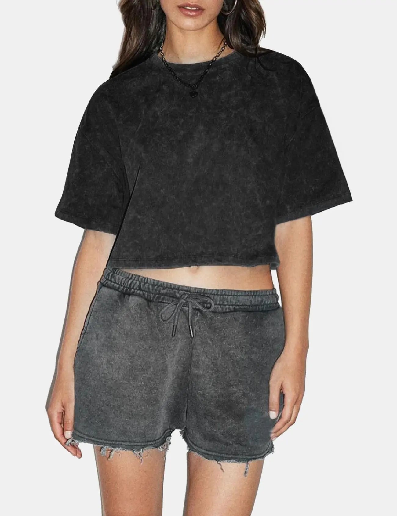 Arssm Cropped T Shirts for Women Vintage Acid Wash Tees Short Sleeve Cotton Crop Top Casual Streetwear