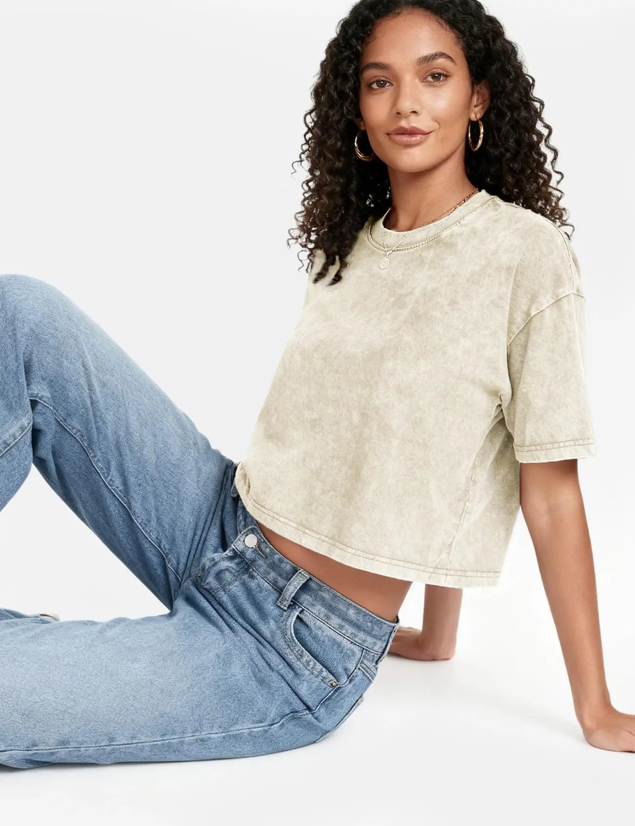 Arssm Cropped T Shirts for Women Vintage Acid Wash Tees Short Sleeve Cotton Crop Top Casual Streetwear