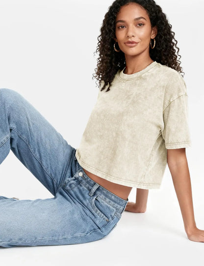 Arssm Cropped T Shirts for Women Vintage Acid Wash Tees Short Sleeve Cotton Crop Top Casual Streetwear