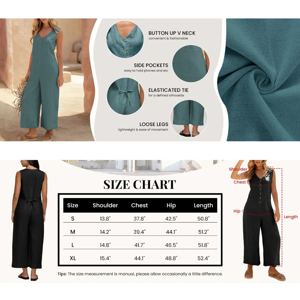 UANEO Women Button Down Jumpsuits Cotton Linen Sleeveless Casual Wide Legs Rompers Loose Overall with Pockets SummerVibes Womenswear