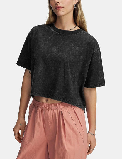 Arssm Cropped T Shirts for Women Vintage Acid Wash Tees Short Sleeve Cotton Crop Top Casual Streetwear