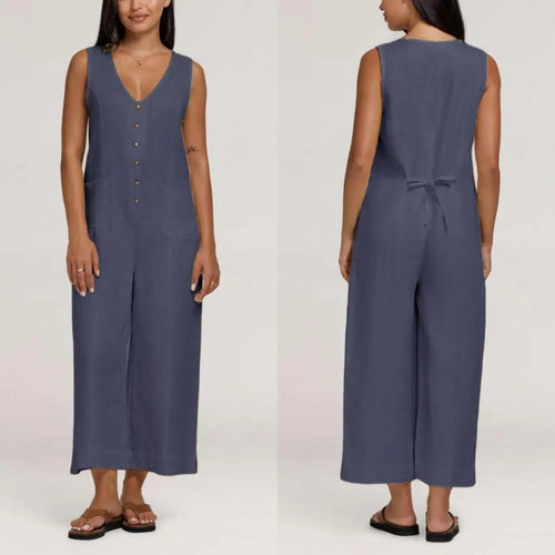 UANEO Women Button Down Jumpsuits Cotton Linen Sleeveless Casual Wide Legs Rompers Loose Overall with Pockets SummerVibes Womenswear