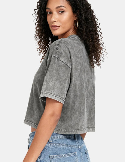 Arssm Cropped T Shirts for Women Vintage Acid Wash Tees Short Sleeve Cotton Crop Top Casual Streetwear