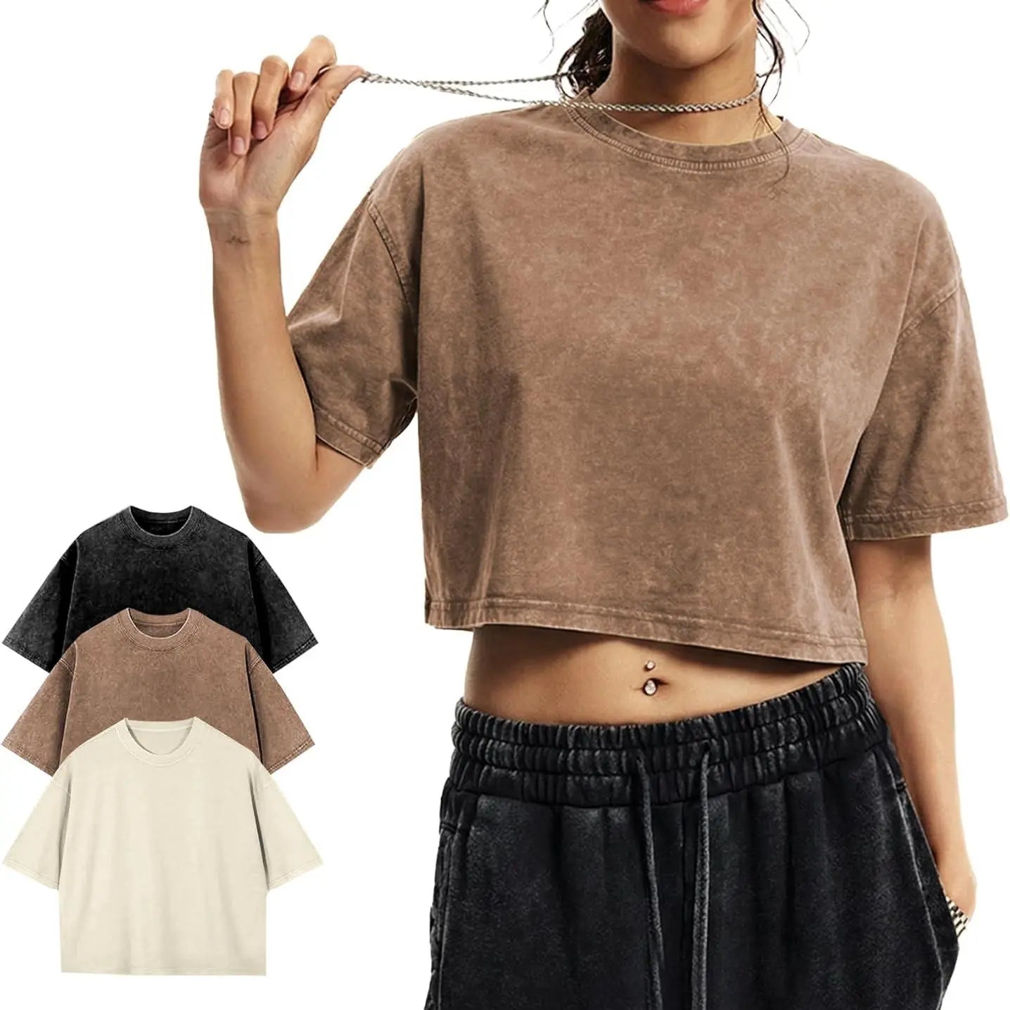 Arssm Cropped T Shirts for Women Vintage Acid Wash Tees Short Sleeve Cotton Crop Top Casual Streetwear